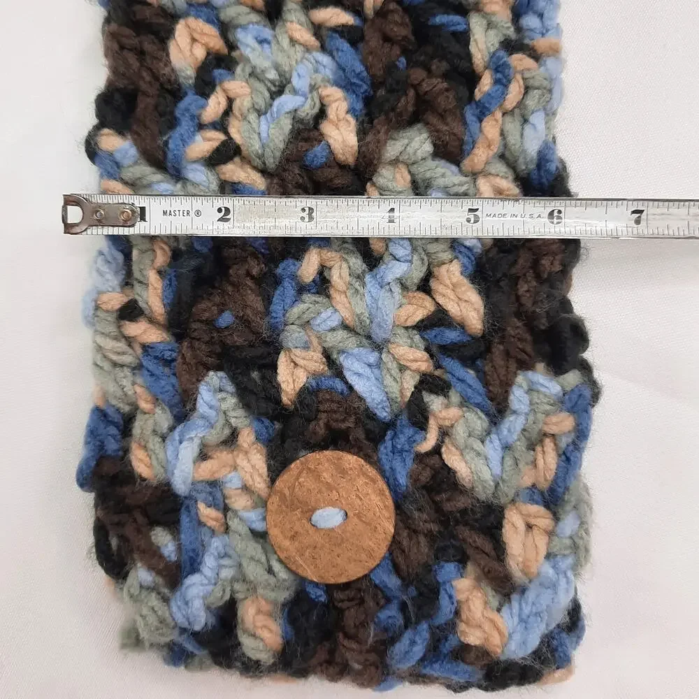 Handmade Chunky Crochet Scarf Blue Brown Cowl Rustic Wooden Button Closure NEW